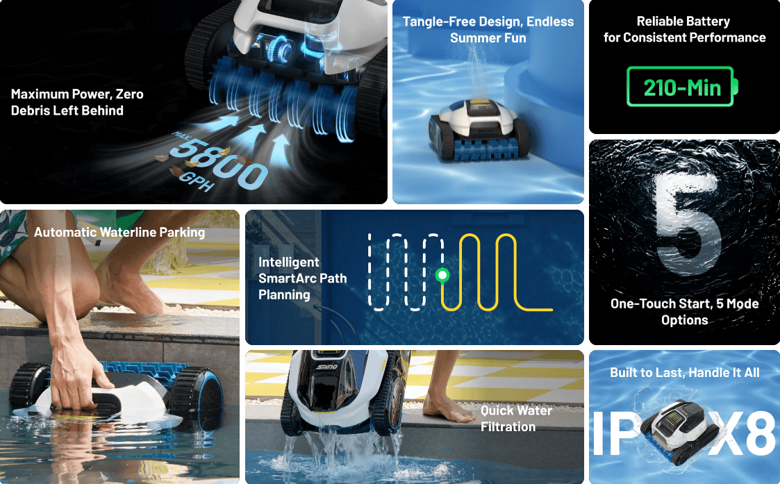 SPINO E1 Features - Maximum Power, Tangle-Free Design, Reliable Battery, SmartArc Path, 5 Mode Options, Quick Filtration, IPX8